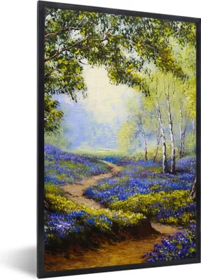 Produktbild von MuchoWow® Gerahmtes Poster Gemälde - Natur - Wald - Blumen - Ölfarbe 60x90 cm - Poster mit Schwarzem Bilderrahmen Wandposter Rahmen Foto Bilder - Kunst