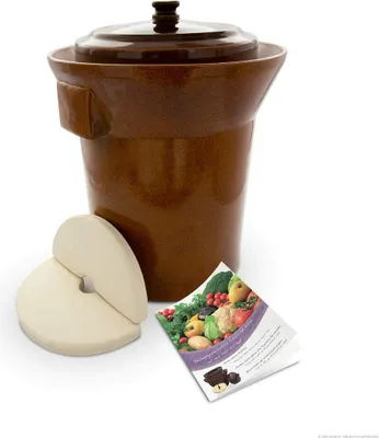Produktbild von KERAZO PREMIUM Gärtopf 10 Liter aus Steinzeug Keramik inklusive Deckel + Stein + Anleitung [Form 1] BRAUN - Gurkentopf Einlegetopf Rumtopf Fermentation