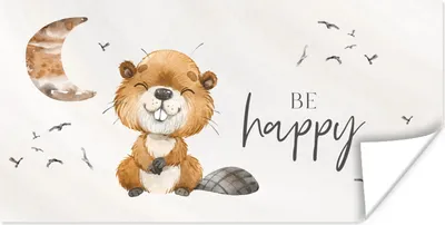 Produktbild von MuchoWow® Poster Zitate - Glücklich sein - Kinder - Mond - Biber - Aquarell 120x60 cm - Bild