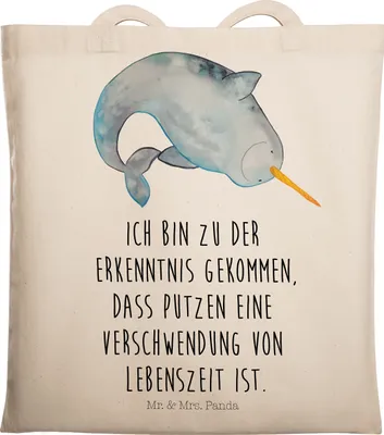 Produktbild von Mr. & Mrs. Panda Tote Bag Narwal - Transparent - Geschenk, Kinderzimmer, Schultasche, Jutebeutel, Wal, Einkaufstasche, Tasche, Meer, Aufräumen, Hausfrau, Shopping, Putzen