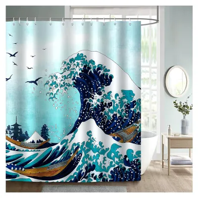 Produktbild von Duschvorhang Japanische Welle Kanagawa Ozean Blau 180 x 200 cm Wasserdicht Anti-Schimmel Polyester Waschbar mit 12 Haken