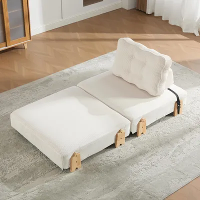 Produktbild von okwish Beige Einzel Sofa mit Rückenlehne und Holzbeinen, Lazy Sofa,Cord ,In ein Schlafsofa umwandelbar,Geeignet für kleine Wohnungen