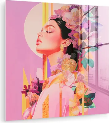 Produktbild von MuchoWow Glasbilder - Bilder auf Wandbild - Foto auf Glas Frau - Blumen - Lila - Abstrakt 90x90 cm Wanddekoration aus Glas - Acrylglasbild - Acrylbilder - Wandschmuck - Bilder
