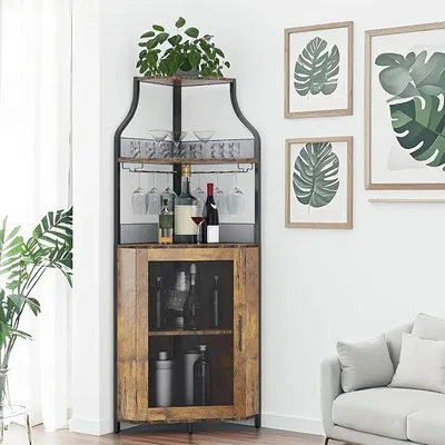 Produktbild von Weinschrank Eckschrank mit Arbeitstisch,Holz Weinschrank mit 5 Ablagefächer Und 2 Glashalterund Netztür für Küche, Wohnzimmer, Esszimmer(152X90x32cm,Naturholzfarbe)
