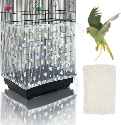 Produktbild von Einstellbar Vogelkäfig Abdeckung, Vogelkäfig Samenfänger, Papageien Kordelzug Vogelfutter Kleintiere Netz, Abdeckung Rock Bewachen für Runde Quadratische Käfige(Weiß, Gänseblümchen)