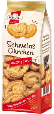 Zdjęcie produktu dla Schulte ciasteczka z uszami wieprzowymi cienkie chrupiące ciasto francuskie 250g