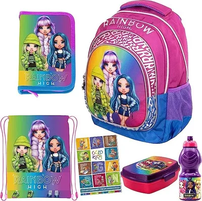 Produktbild von 6er Set Schulrucksack Rucksack Federmappe Turnbeutel Brotdose Trinkflasche Aufgabenheft Rainbow High Motiv ab der ersten Klasse der Grundschule