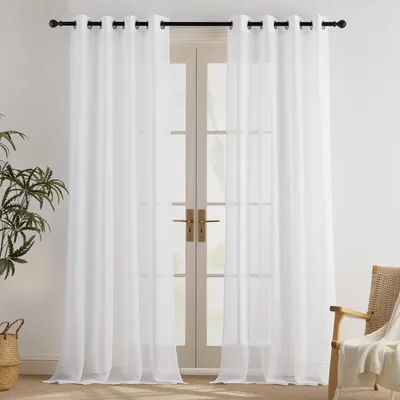 Image de Rideaux transparents blancs avec œillets, pour salon, dimensions 245 cm de hauteur x 140 cm de largeur (lot de 2)