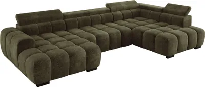 Obrázok produktu pre DomoHome Moderná veľká rohová pohovka v tvare U látka EDEN Green Pravá strana 393 × 205 × 97 cm - Nastaviteľné opierky hlavy, Možnosť spania, Minimalistický kubistický dizajn