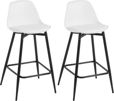Two white bar stools with black metal legs are shown against a white background.