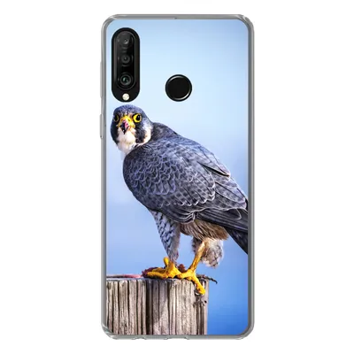 Produktbild von MuchoWow® Handyhülle Schutzhülle Hülle für Huawei P30 Lite Nahaufnahme eines Raubvogels auf einer dicken Holzstange Silikon Softcase Handy Hülle - Handyhülle