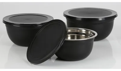 Image de Set de saladiers 3 pièces en acier inoxydable noir avec couvercle Set de saladiers de cuisine