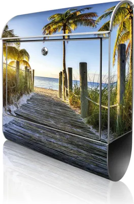Produktbild von banjado Design Briefkasten Stahl silber mit Zeitungsfach pulverbeschichtet "Weg zum Strand" 38x46x12,5cm & 2 Schlüssel - Postkasten A4 Einwurf inkl. Montagematerial [BK 12050]