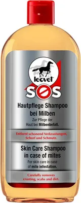 A bottle of Leovet SOS Skin Care Shampoo for mites.
