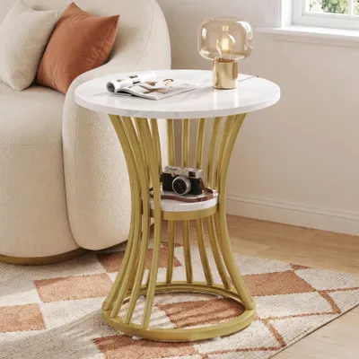 Produktbild von Wanbor Runder Beistelltisch 50 cm, 2-stufiger Nachttisch, Moderner Sofatisch aus Metall, Kleiner Couchtisch für Wohnzimmer, Schlafzimmer, Weiß & Gold