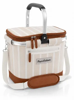Produktbild von PuerFolium Kühltasche Einkaufskorb Kühlkorb 20L Faltbar Isoliert Thermo mit Deckel Reißverschluss Abnehmbarer Picknickkorb Aluminiumrahmen Thermokorb Schultergurt verstärkt für Einkauf Picknick Beige