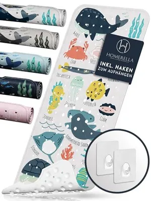 Produktbild von Homerella® Badewannenmatte rutschfest Kinder 100x40cm - 100% BPA frei mit 2 Aufhängehaken  - Antirutschmatte Badewanne Baby hautsensitiv, waschbar