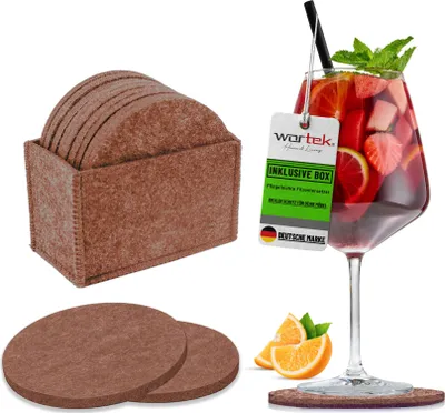 Produktbild von wortek Filz Untersetzer - Deko Tischset + Aufbewahrungsbox I für Gläser & Tisch, 10er Set I 10cm I Rund, Braun