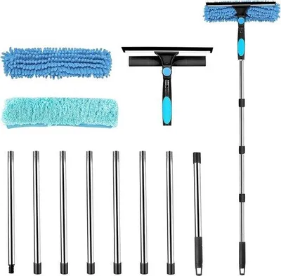 Produktbild von Famanu Fensterreiniger mit langem Griff (3,2 m) - professionelle Scheibenwischer mit Tuch und Gummiabzieher für hohe Fenster