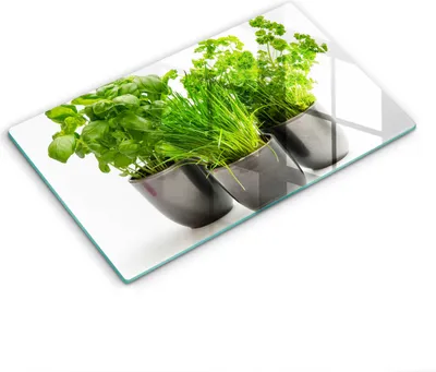 Produktbild von Glasschneideplatte - Herdabdeckplatte - 52x30 cm - Schneidebrett - Spritzschutz - Potflowers mit Kräutern