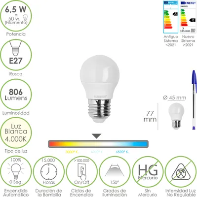 Produktbild von Bombilla Led Esfera Rosca E27. 6.5 Watt. Äquivalent zu 50 Watt. 806 Lumenes. Luz Neutra 4000º K.