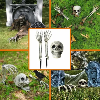 Obrázek produktu pro Halloween dekorace Falešná hlava a ruce kostlivce - 3 kusy - Lebka a ruce - Lidské plastové kostry - Halloween párty potřeby - Dekorace na domácí Halloween párty