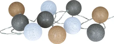 A string of decorative LED lights with cotton ball shades in brown, gray, and white.