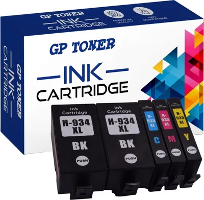 A box of GP Toner ink cartridges with four cartridges in front of it.