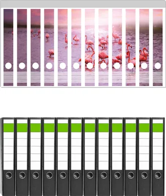 Produktbild von Wallario 12 Stück schmale Ordner inkl. Klebeetiketten mit Motive Rosa Flamingos bei Sonnenuntergang -  Set mit Rückenschildern / Ordnerrücken Stickern