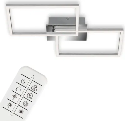 A modern LED ceiling light fixture and a remote control are shown against a white background.