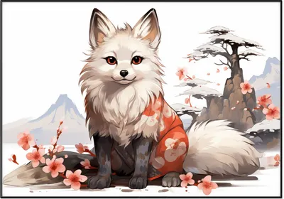 Produktbild von Wallario Wandbild Fuchs mit Kirschblüten, Größe: 70,30 x 100,30 cm, Poster mit schwarzem Aluminiumrahmen
