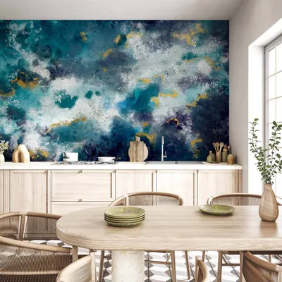 Imagen del producto de Papel pintado no tejido - Océano tormentoso - Composición abstracta en azul, estilo acuarela. Dimensiones: 350 x 245 cm. Diseño: f-A-10011-a-a