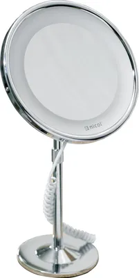 A silver and white LED cosmetic mirror on a stand.