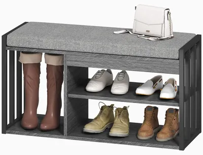 Image de Étagère à chaussures à 3 niveaux, banc à chaussures avec coussin, meuble d'entrée avec banc, couleur gris | Capacité jusqu'à 129 kg | Rembourrage de 5 cm | Dimensions : 86 x 30 x 45,4 cm