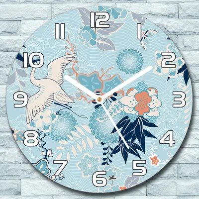Produktbild von Wanduhr aus Glas Rund fi 30 Vogelkräne & Blumen Quarz Deko Wohnzimmer Büro