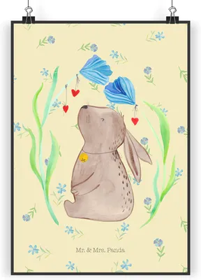 Produktbild von Mr. & Mrs. Panda Bild Hase Blume DIN A4 - Blumig - Geschenk, Geburtstag, Kunstdruck, wanddeko, Kindergeburtstag, poster, drucke, Kaninchen, Schwangerschaft, Geburt