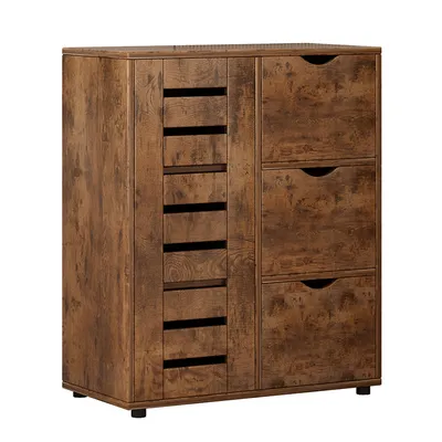 A wooden cabinet with multiple drawers and shelves, presented against a white background.