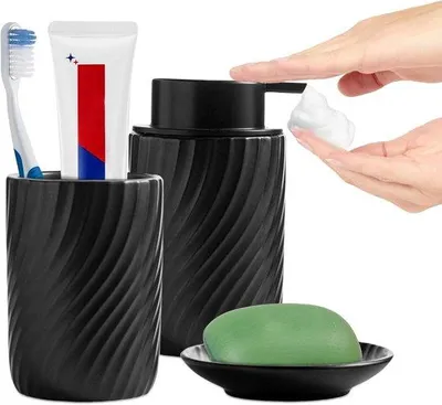 Produktbild von Famanu Keramisches Badezimmeraccessoireset, 4-teiliges Seifenspender-Set, schwarz