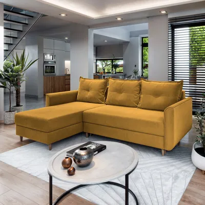 Zdjęcie produktu dla Masseno Narożnik PISAN L-S z funkcją spania i pojemnikiem na pościel Kształt L, Rozkładana sofa, Rogówka - Żółty, KRONOS 01