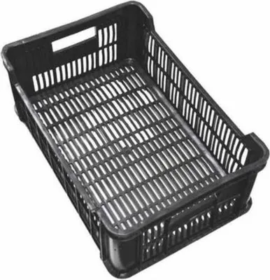 A black plastic crate with a slatted base and sides, shown from a slightly elevated angle against a white background.