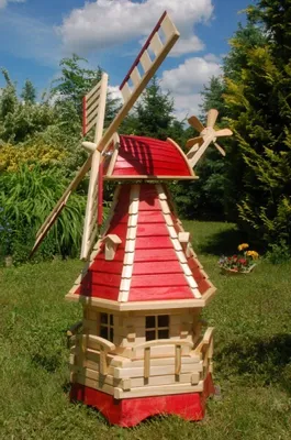 Produktbild von Garten-Windmühle mit Lamellendach – Höhe 1,25m, Farbe:Rot