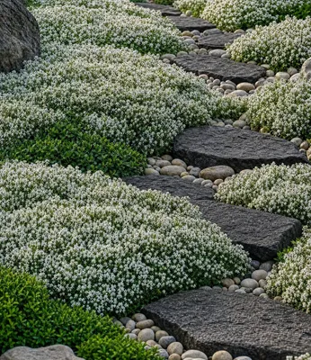 Produktbild von BALDUR Garten 3x Winterharter Weißer Polsterthymian Pflanzen im 9x9 cm-Topf, Thymus praecox albiflorus, Polsterthymian, Thymian Pflanze, blühende winterharte Staude, mehrjährig