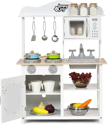 Produktbild von COSTWAY Kinderküche Holz, Kinder Spielküche mit Zubehör, Spielzeugküche Holzküche mit Spüle Backofen Mikrowelle Herd und Küche Set, Kinder Küche Weiß