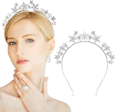 Produktbild von Silbernes Sternenstirnband mit Krone und Strass, eleganter Kopfschmuck für Frauen und Mädchen, Tiara und Krone