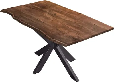 A rectangular wooden dining table with a live edge and a black metal spider leg base, shown against a white background.