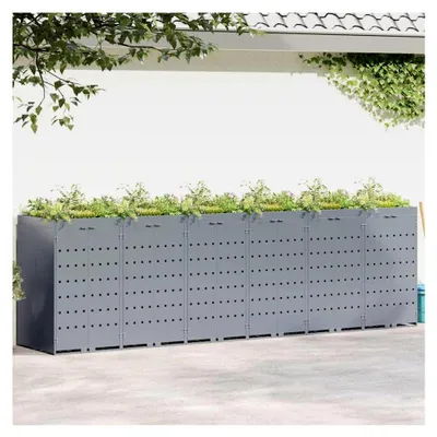 Produktbild von Wagenmüllbehälter für 6 Behälter, Hellgrau, 408 x 77,5 x 121,5 cm, Mülltonnenbox für Garten, wetterfest, geeignet für Reihenhäuser und Mehrfamilienhäuser