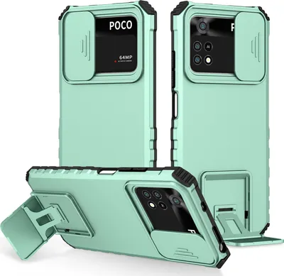 Obrázek produktu pro Pouzdro pro Xiaomi Poco M4 Pro 4G dvouvrstvé robustní, vojenská ochrana pouzdro s stojánku a posuvnou ochranou kamery Tyrkysový