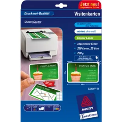 Produktbild von Zweckform Quick and Clean C32025 Laser Visitenkarte - Weiß - 85 mm x 54 mm - 220 g/m² Grammage - Satin - 25er Blatt