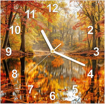 Produktbild von Wanduhr aus Glas mit Motiv Herbstwald am See- 30 x 30 cm - inkl. Aufhängesystem