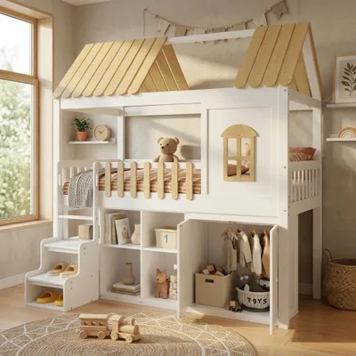 Produktbild von Flieks Etagenbett 90x200cm mit Kleiderschrank, Kinderbett Hausbett mit Regal, Hochbett mit Treppe, Stockbett Holzbett mit Lattenrost, Weiß